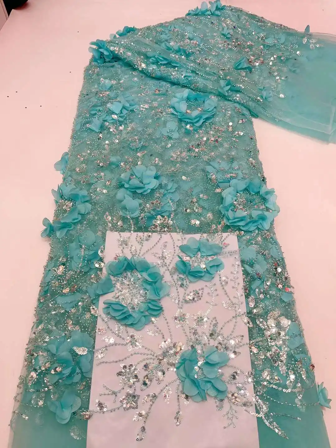 Tela de encaje africano con bordado de flores 3D, tejido de tul francés hecho a mano para vestido de novia, 5Y/piezas, alta calidad, 2023