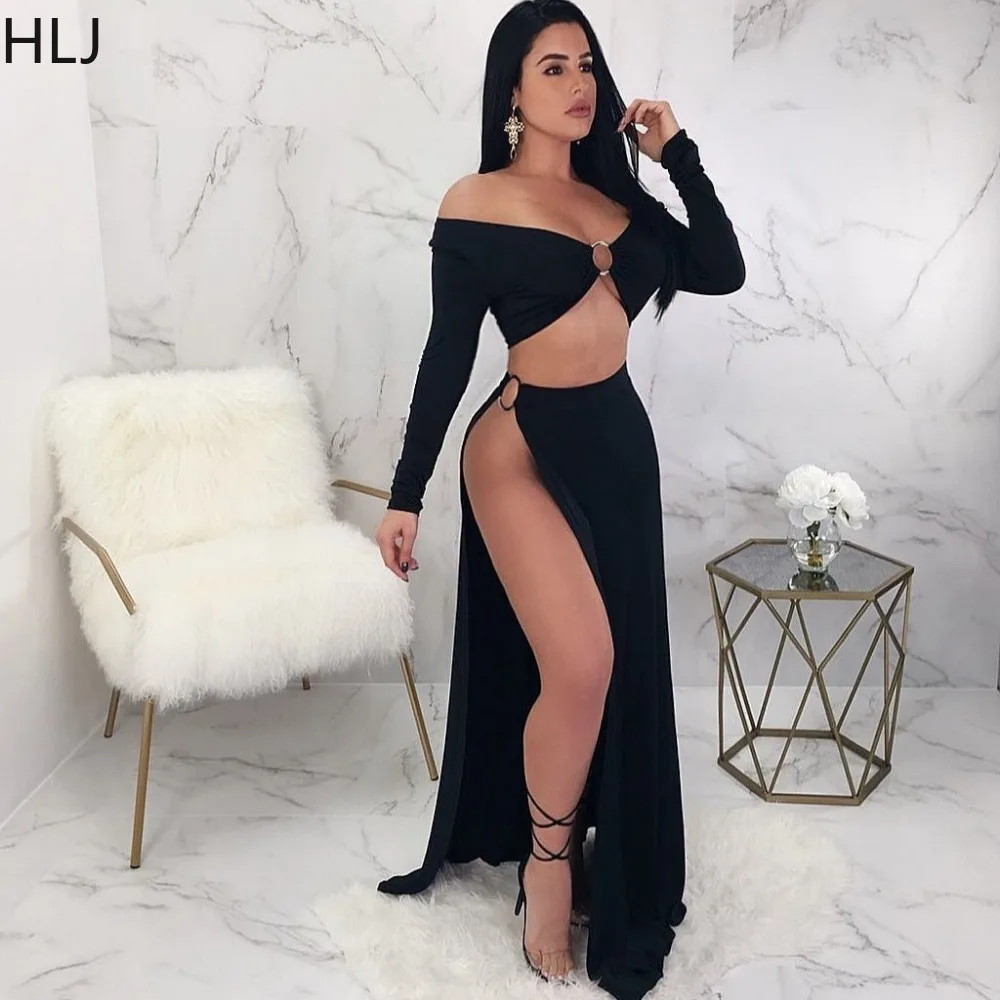 HLJ Black Sexy Solid Color High Side Slit Skirts Two Piece Sets Women Off Shoulder Long Sleeve Hollow Crop Top And Skirts Outfit