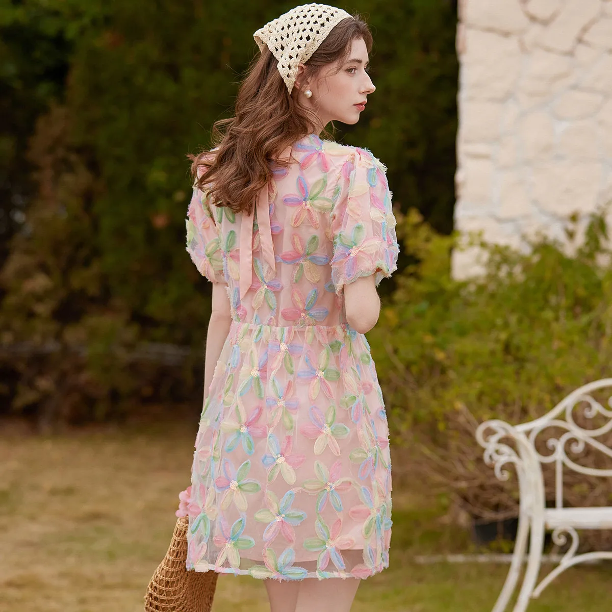 Women's Floral Summer Dress - Puff Sleeves and Bow Tie
