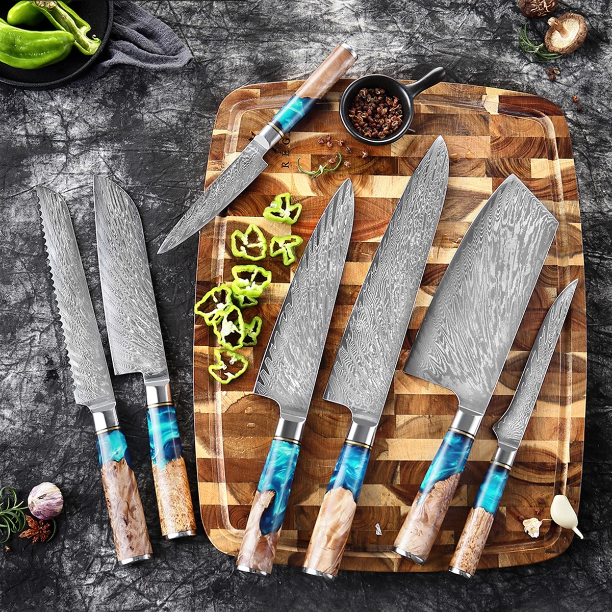 1PCs Damascus Knife Knives with Blue Resin Handle, Kitchen Knife, Damascus Utility Knife, Chef Knife, Bone Knife, Sande Kitchen Knife, Kitchen Knife, Japanese Knife, Bread Knife, Bone Knife, Kitchen Knife, Good Gifts