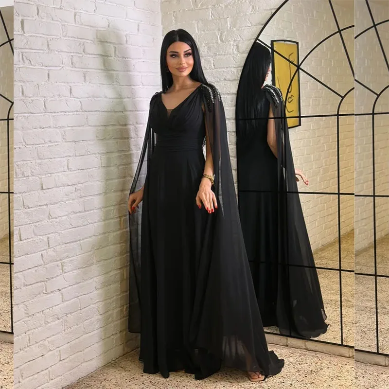 Black Fashion A-line Cape Beading Women Formal Evening Dresses Floor-Length Wedding Guest Prom Gowns for Birthday Party Dress