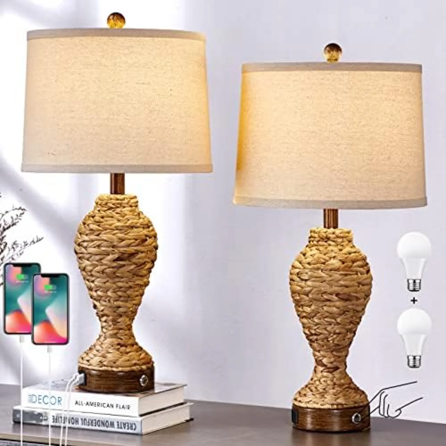 Set of 2 Rustic Touch Table Lamps for Living Room 3 Way Dimmable Coastal Sea Grass Rattan Bedside Lamps for Bedroom Office Cabin