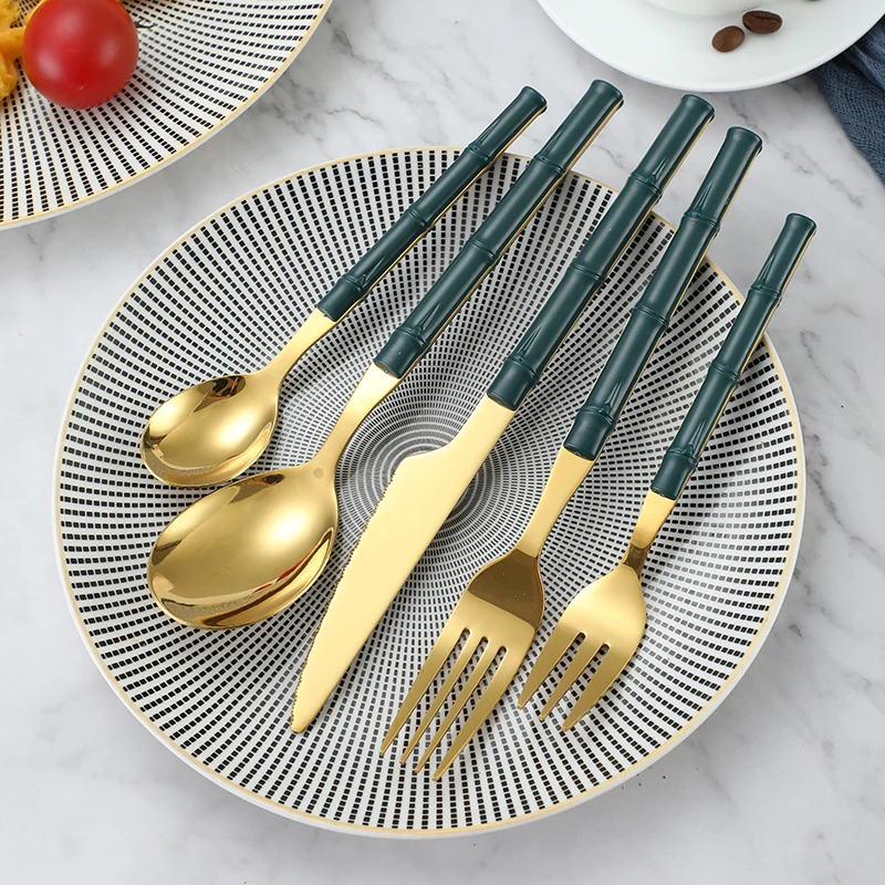 16/24Pcs Stainless Steel Cutlery Set Plastic Handle Bamboo Knife Fork Spoon Tableware Flatware Festival Kitchen Dinnerware Gift