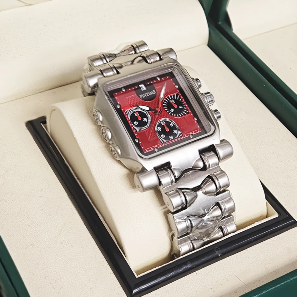 

PINTIME Original New Square Quartz Men's Watch Alloy Water-Resistant Business Sports Date Multi-Time Zone Men Quartz Wristwatch