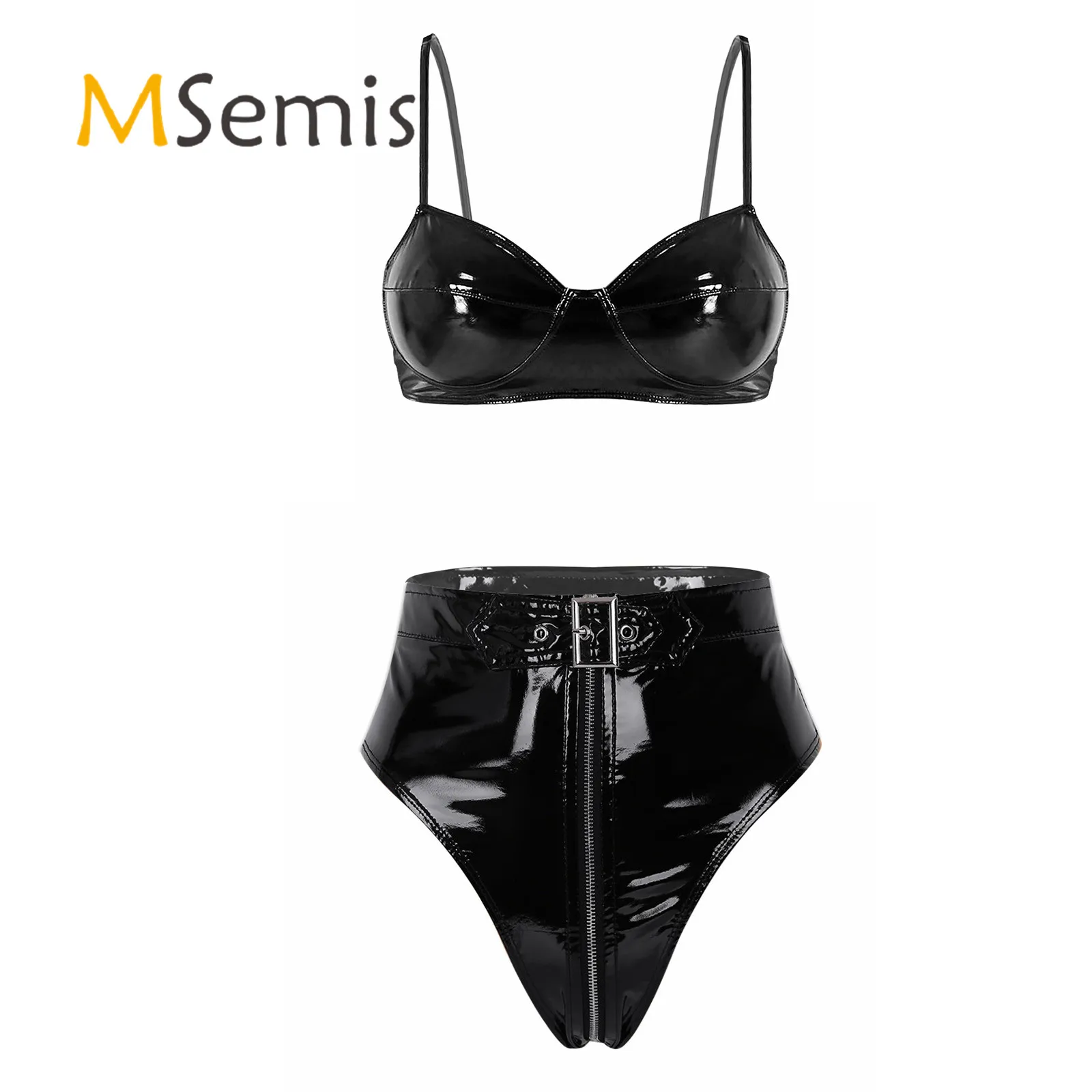 Frauen Rave Dance Clubwear Mode Wet Look Patent Leder Pole Dance Kostüm Wireless Bh Top mit High Cut Vorne Zipper briefs