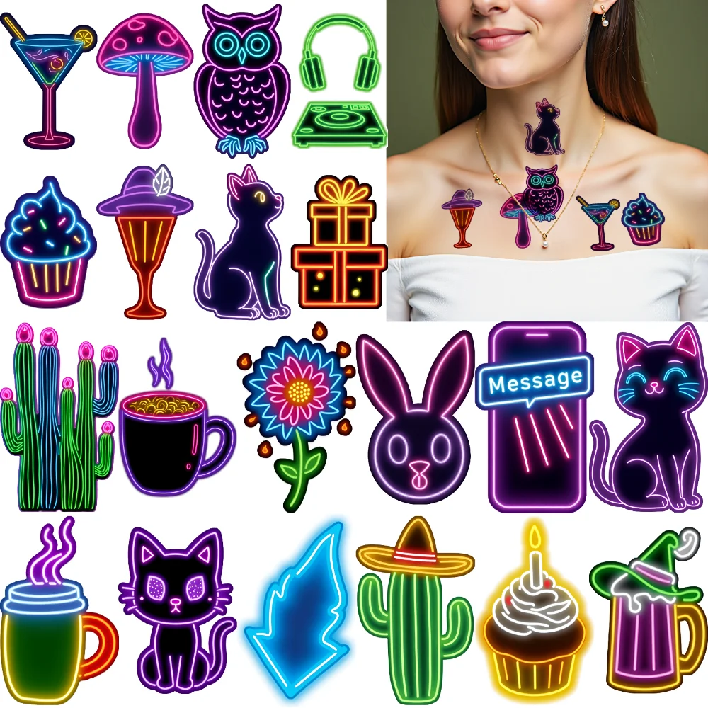 63pcs Temporary Tattoo Neon Stickers Neon Light Decorative Stickers Animal Stickers For Boys Shoulders Cheeks