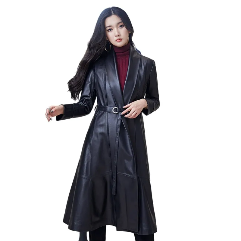 Casaco de couro longo com cintos de pele de carneiro feminino, blusão vintage feminino, trench coat justo, couro genuíno, elegante R, 2023