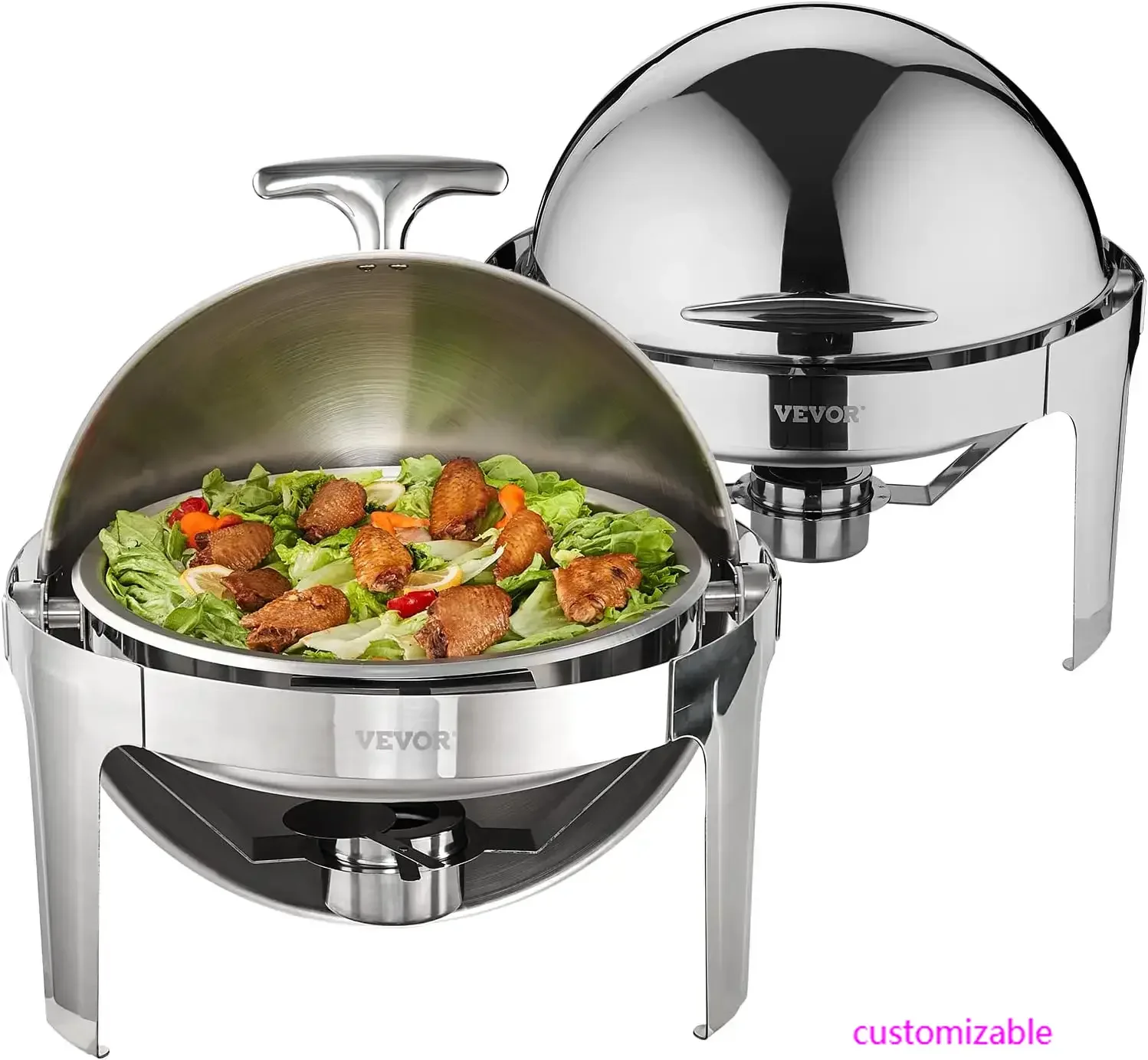 

Roll Top Chafing Dish Buffet Set, 6 Qt 2 Pack, Stainless Steel Chafer with 2 Full Size Pans, Round Catering Warmer Server with