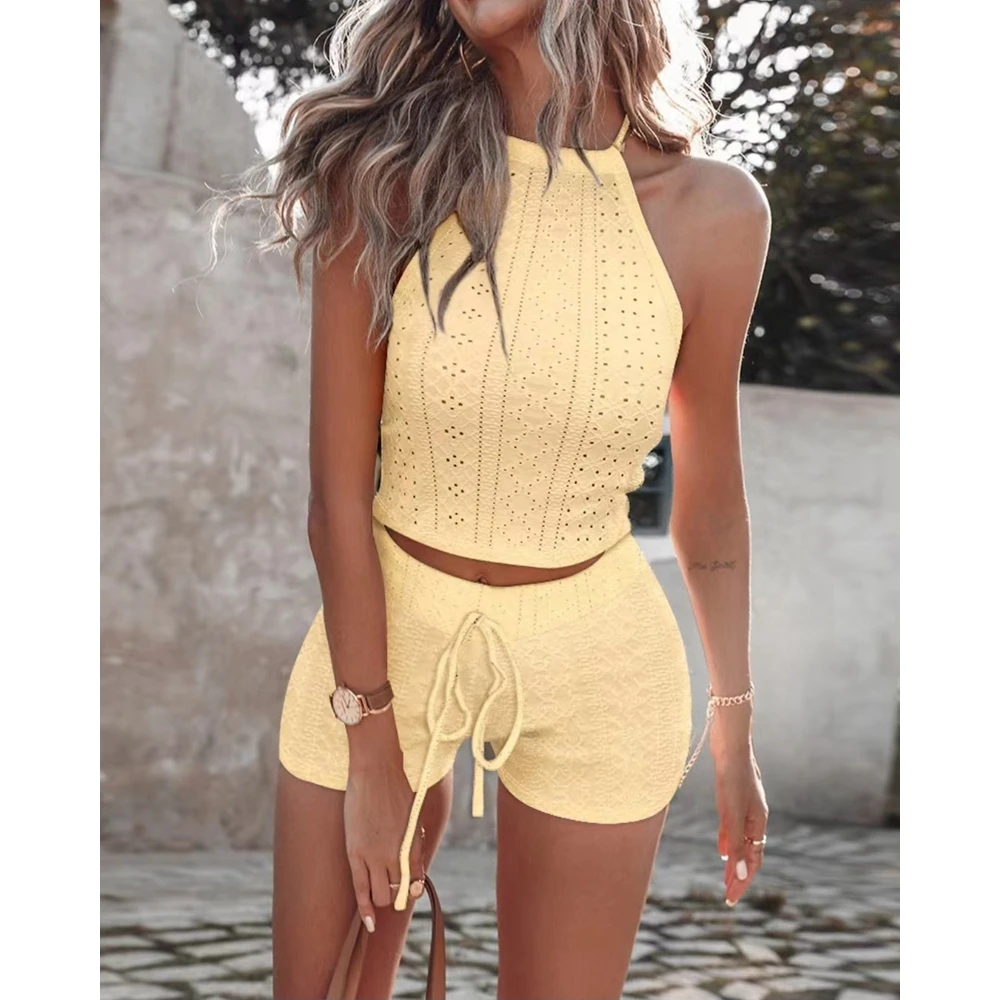 Summer Women Eyelet Embroidery Crop Halter Top & Drawstring Shorts Set Casual New in Two-Pieces Shorts Sets Outfits Clothing