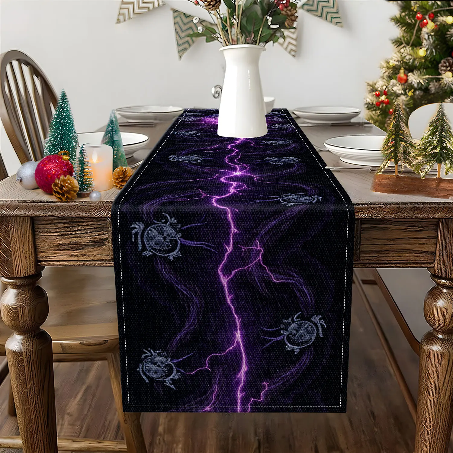 1 Piece of Dark Fantasy Lightning-Themed Table Runner with Purple Lightning and Mystical Creature Patterns, Suitable for Fantasy Spaces and Dark Parties