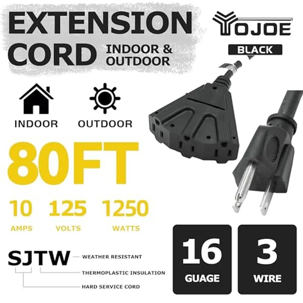 3-Outlet Indoor Outdoor Extension Cord 16 Gauge Heavy Duty Weatherproof Power Cord 80FT UL Certified Copper Cord Lawn Mowers