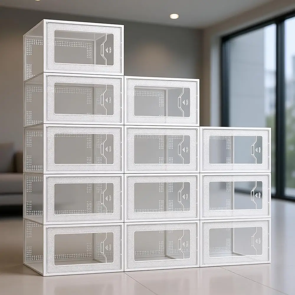 

Clear Plastic Stackable Shoe Organizer, 12-Pack, XL Shoe Storage Boxes for Closet, Space-Saving Sneaker Rack