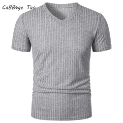 Men's Running Sports Fitness Summer New High Elastic Vertical Stripe Short Sleeved V-neck Slim Fit Knitted Bottom Shirt Top