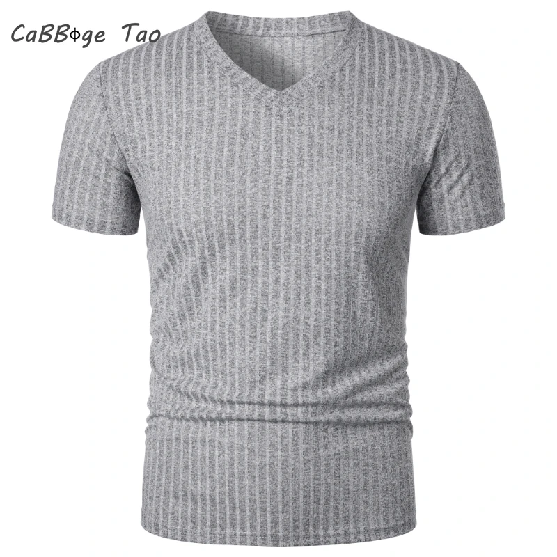 Men's Running Sports Fitness Summer New High Elastic Vertical Stripe Short Sleeved V-neck Slim Fit Knitted Bottom Shirt Top