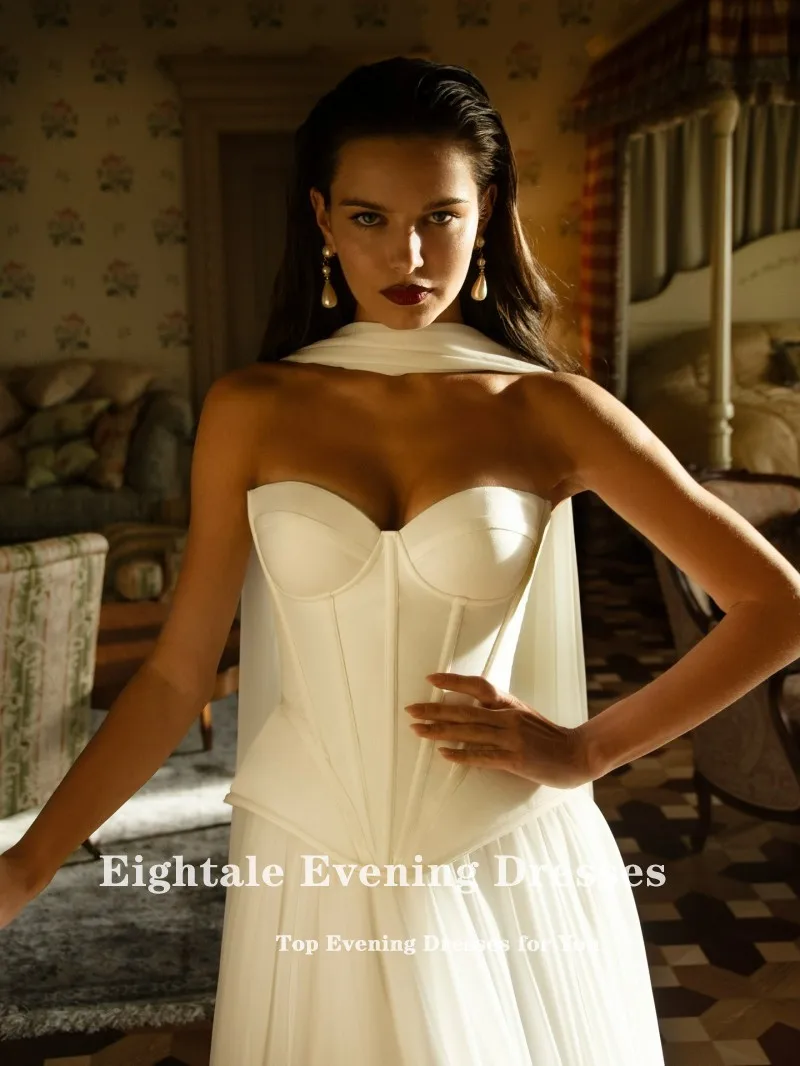 Eightale 아랍어 웨딩 드레스 스윗하트 맞춤형 아이보리 새틴 쉬폰 바닥 길이 신부 가운 백리스 신부 파티 드레스