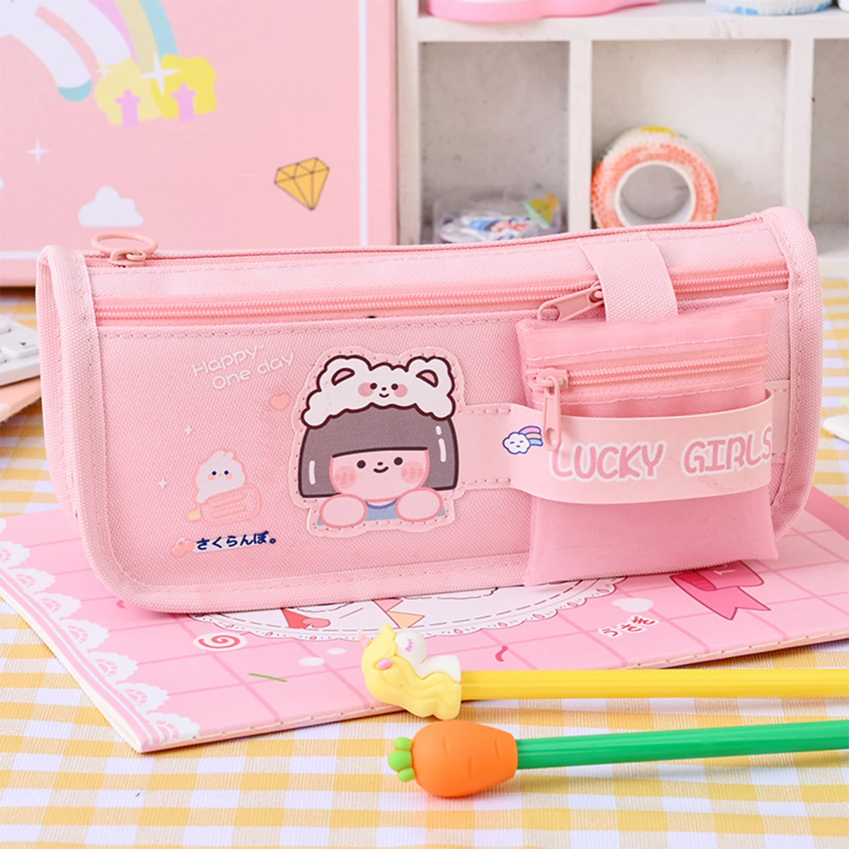 1pc Pink/Purple Kawaii style pencil case, Cute colored pencil case layers small item storage bag, back to school season