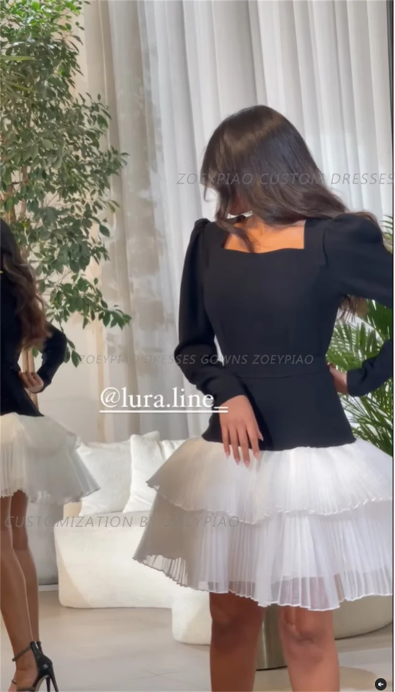 Gaun Prom berjenjang pendek hitam/putih gaun malam Formal sederhana Lengan penuh gaun pesta pernikahan Organza vestidos de gala