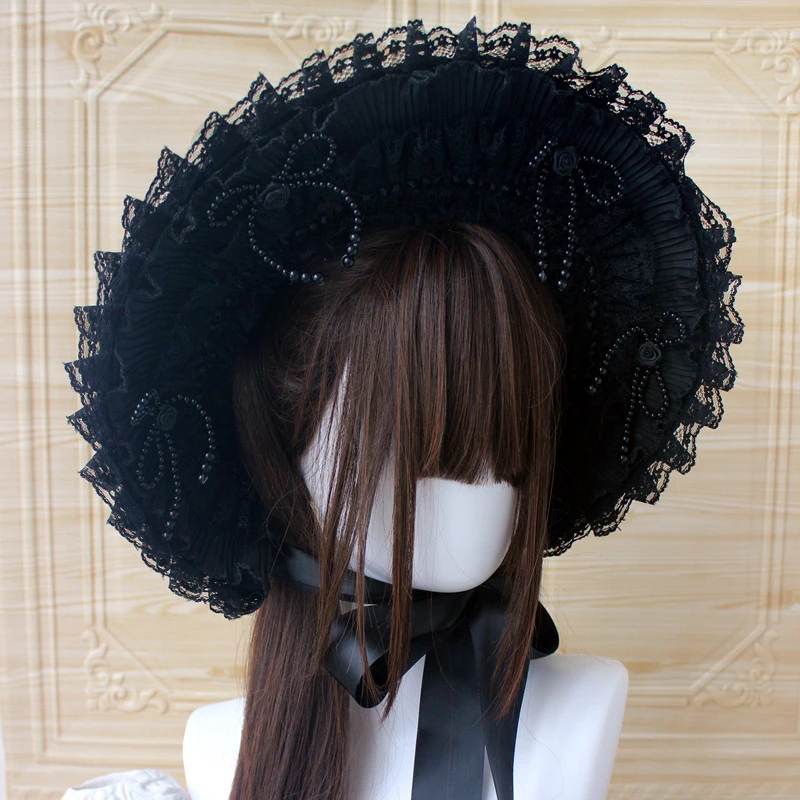 1 PC Lolita Bonnet หมวก Handmade สไตล์โกธิค Lolita ลูกไม้อุปกรณ์เสริมผมแบน Bnt หมวกสาวน่ารักฮาโลวีนคอสเพลย์หมวก