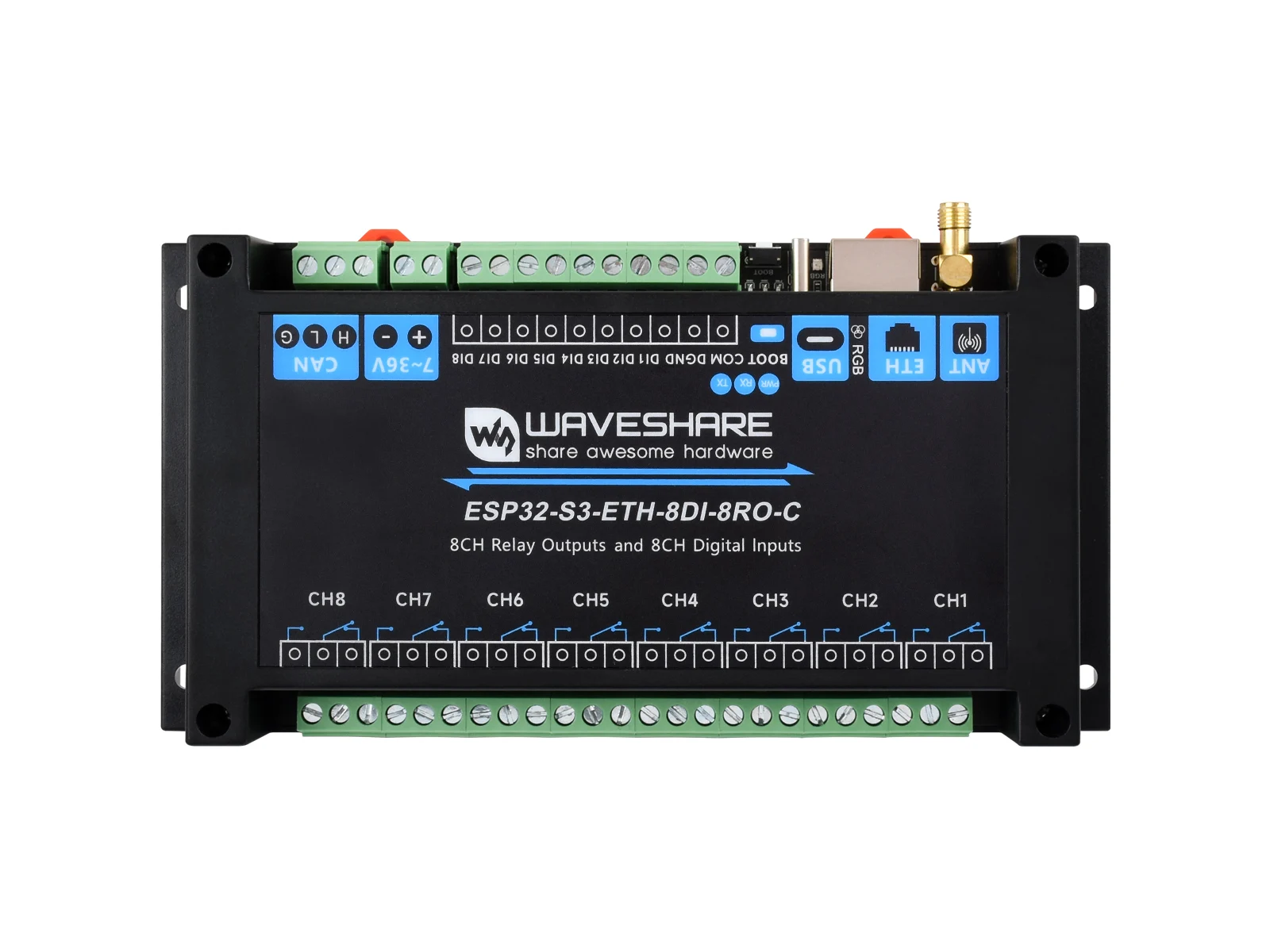 Industrial 8-Channel ESP32-S3 WiFi Relay Module, Onboard Isolated CAN Interface, Built-In Xtensa 32-Bit LX7 Dual-Core Processor