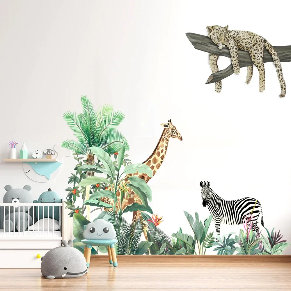 Jungle Animals Wall Stickers for Children Kids Rooms Boys Large Safari Room Bedroom Decoration Elephant Giraffe Zebra Wallpaper