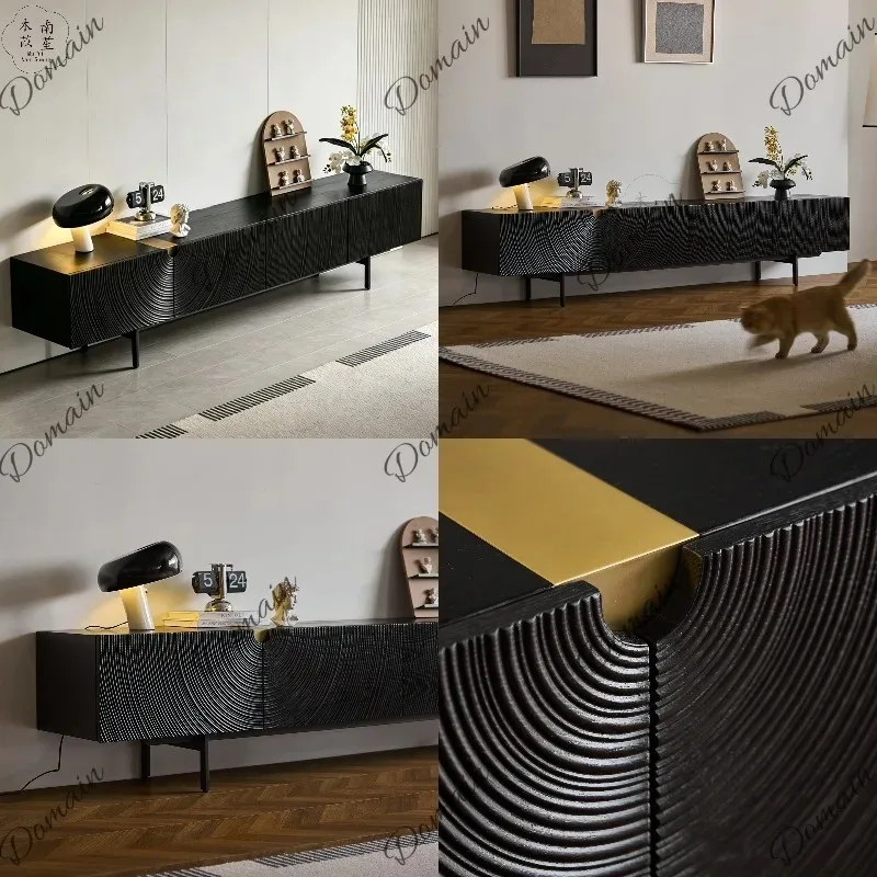 North American Black Walnut Carved Art Storage TV Cabinet Oak Matte Black with Legs Designer Wall Console