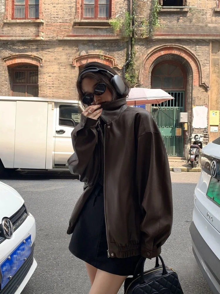 Czarna kurtka skórzana z zamkiem błyskawicznym ze skóry PU damska High Street koreański styl punkowy kurtka skórzana damska 2025 jesień moda casual płaszcz