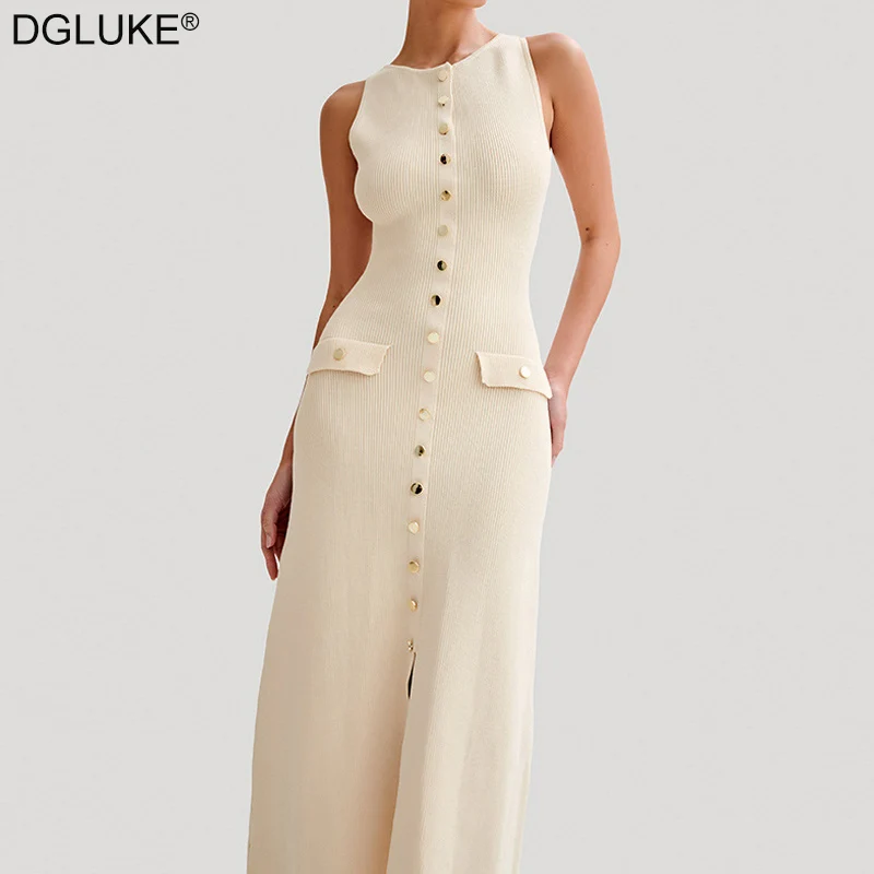 

DGLUKE Fashion Ribbed Knitted Maxi Dress Woman Sleeveless Single Breasted Long Dress Elegant Sweater Holiday Dress 2024