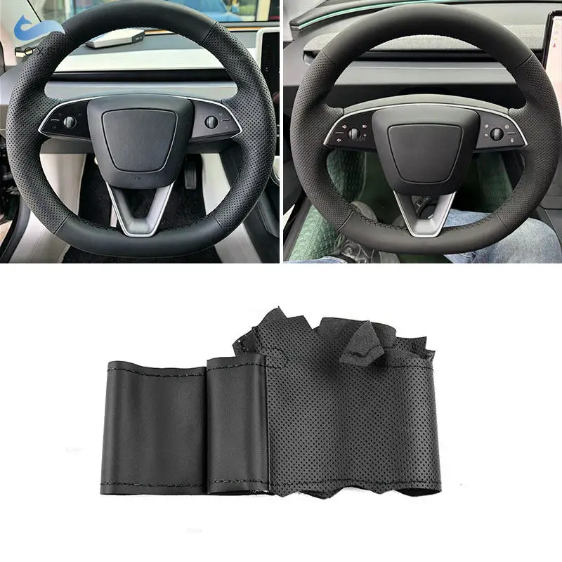 For Tesla Model 3 Highland 2024 Car Interior Steering Wheel Cover Microfiber Perforated Leather Trim with Needles Threads