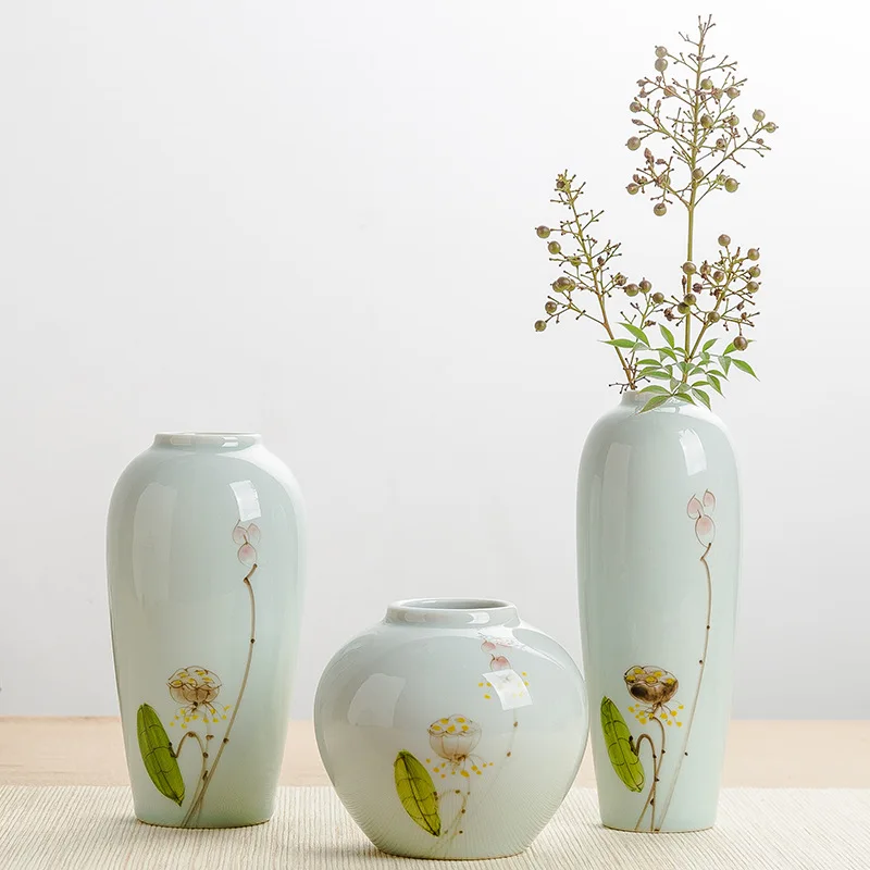YFY ceramic hand-painted lotus flower vase tea room ornament dried flower flower arrangement living room three-piece decoration