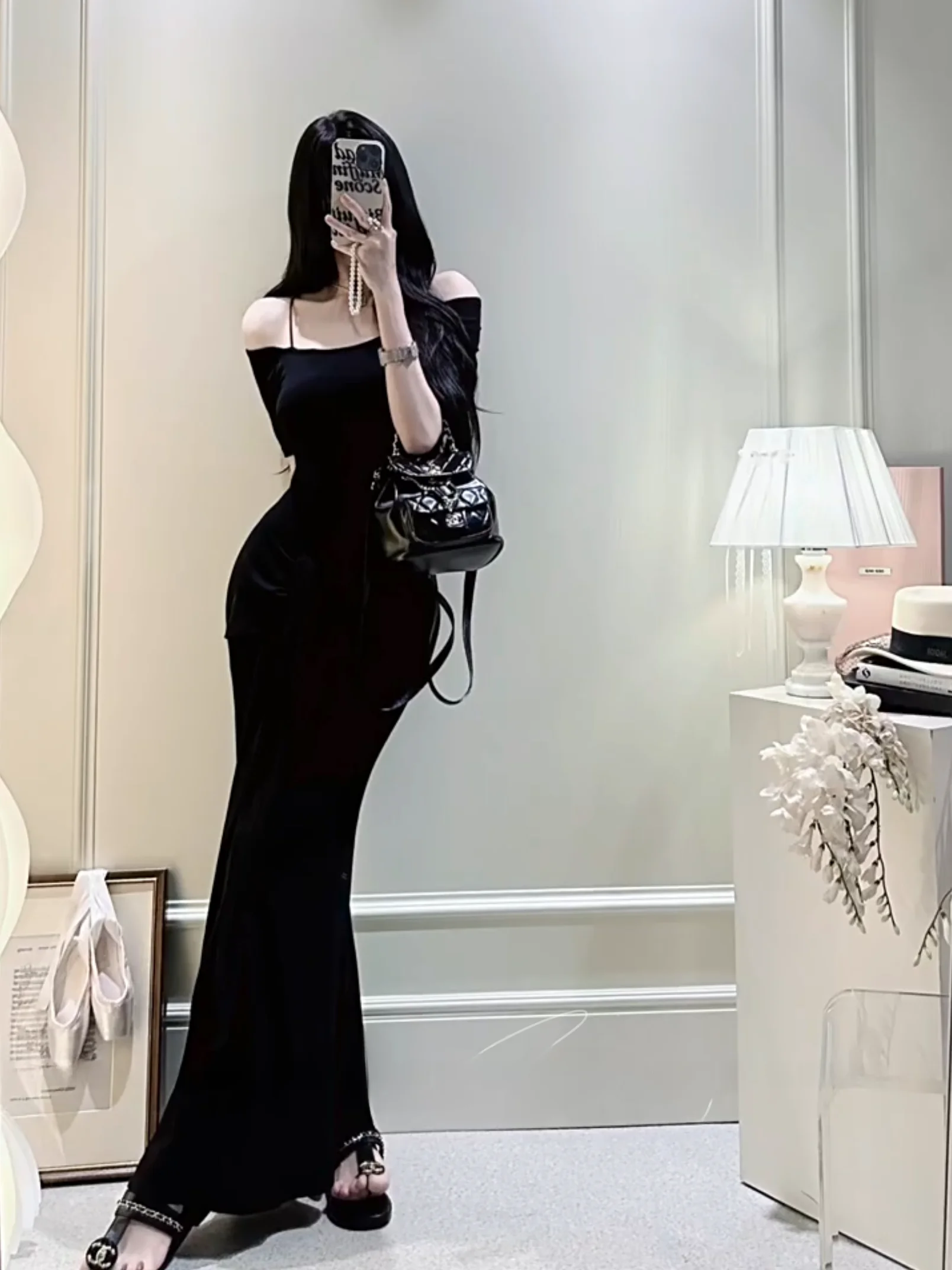Sexy Korean Style Shoulder Bared Pure Desire Waist Cinched Fish Tail Dress Sensual Holiday Vibes Full Body Long Gown