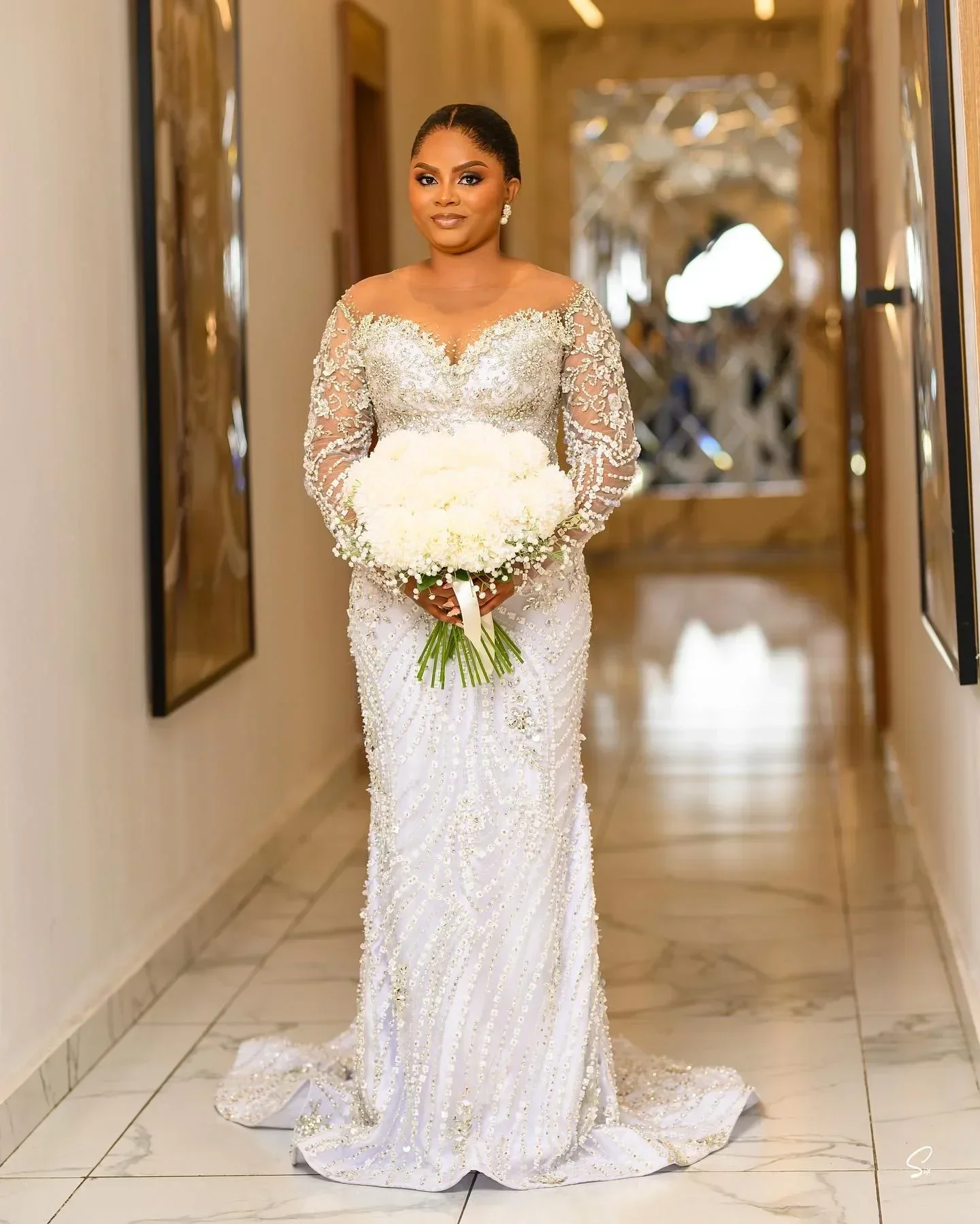 Customized Arabic Aso Ebi Plus Size White Mermaid Wedding Dresses Beaded Crystals Lace Detachable Train Bridal Gowns Dress