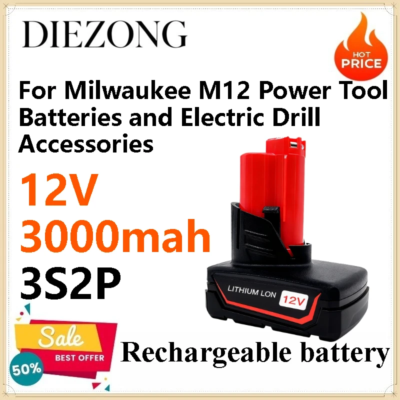 

12V 3.0Ah Rechargeable Battery for Milwaukee M12 Power Tool Batteries and Electric Drill Accessories