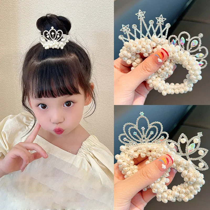 

1PCS New Fashion Pearl Crown Princess Cute Kids Elastic Children Ties Girls Hair Accessories Baby Headwear