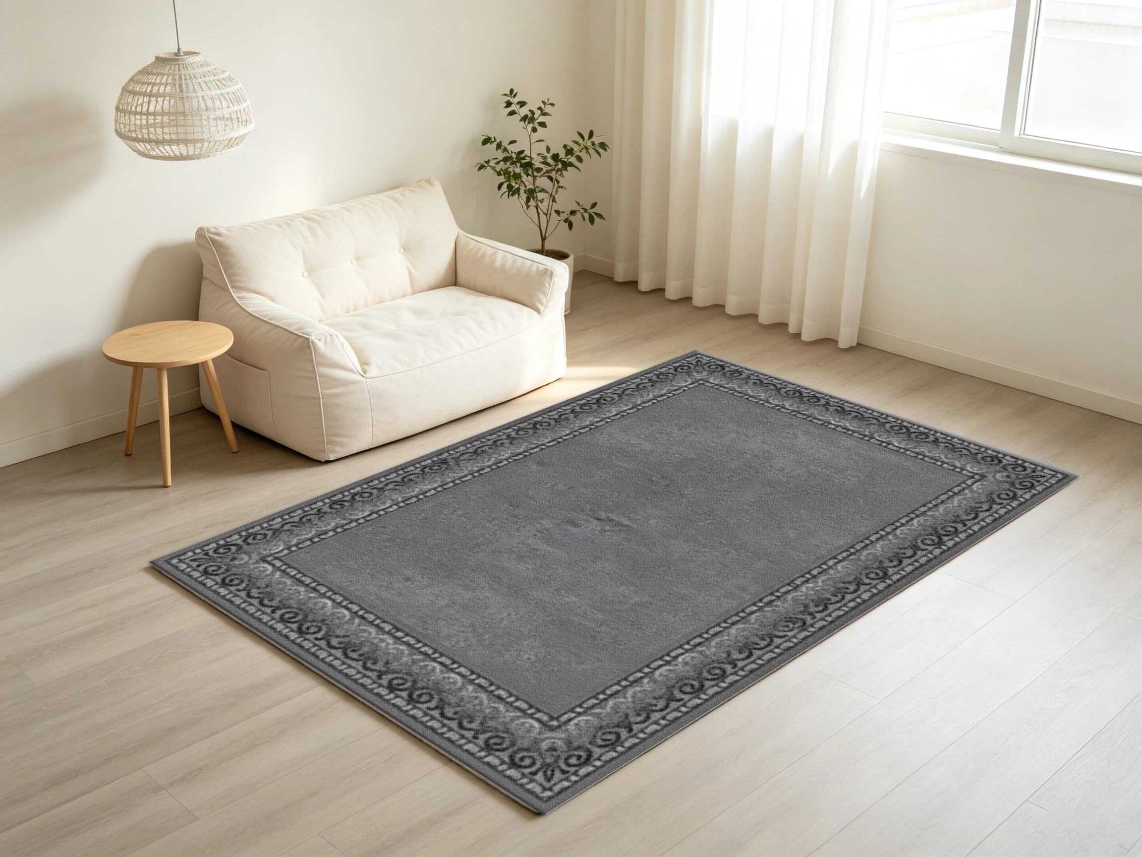 Simple Grey Vintage Border Square Carpet Flooring Subtle Scroll Frame Solid Center Rug for Indoor Home Decor
