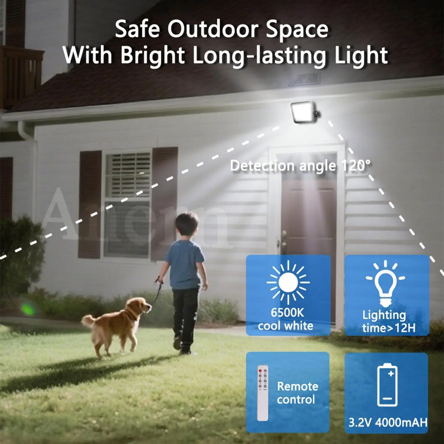 ضوء الفيضانات الشمسية في الهواء الطلق، 6500K أبيض ساطع، IP65 مقاوم للماء، من الغسق إلى الفجر مع جهاز تحكم عن بعد للفناء والحديقة والسقيفة والحظيرة، P