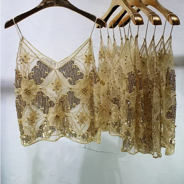 Hollow Out Women Lace Camis Bead Work  Women Tanks Tops Bling Bling Gold Sequins Camis