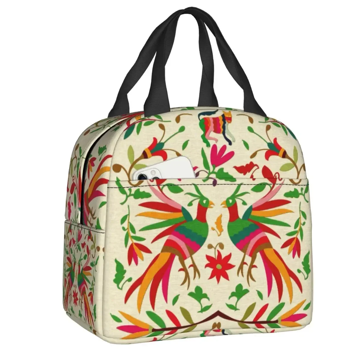 

Otomi Bird Mexican Flowers Embroidery Insulated Lunch Bag Folk Floral Texture Waterproof Cooler Thermal Lunch Box Women Children