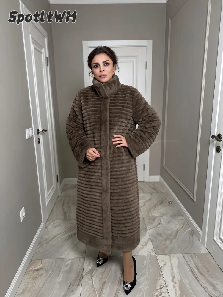 Chic Women Faux Fur Long Coat Tall Collar Relax Straight Cut Cozy Warm Mature Women Elegant Daily Luxury Winter Outerwear 2026