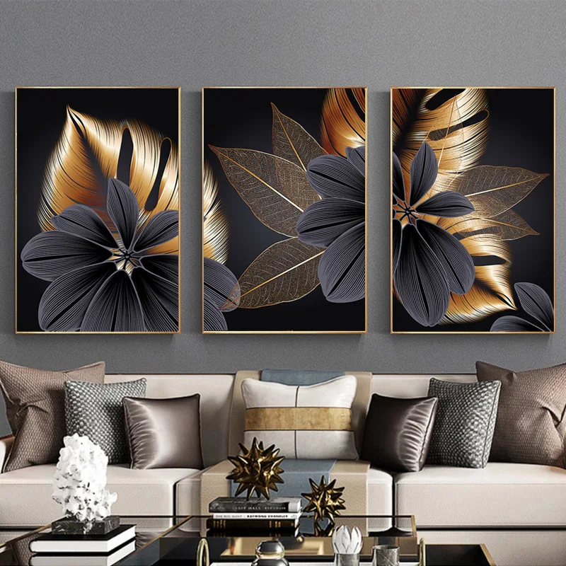 

Black gold leaf abstract canvas painting decorative abstract art living room bedroom