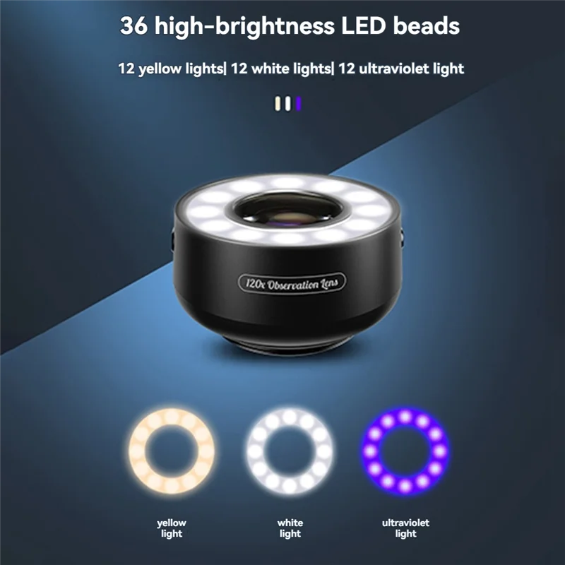 

AA63 HOT MS120 Phone Microscope Professional Identification Lens 120X HD Magnifying Jewelens With 19 Light Modes 36 LED Lamp Bea