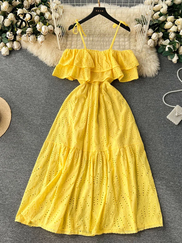 SINGREINY High Street Cotton Embroidery Long Dress Women Hollow Out Backless Beach Sundress Fashion Off the Shoulder Sexy Dress