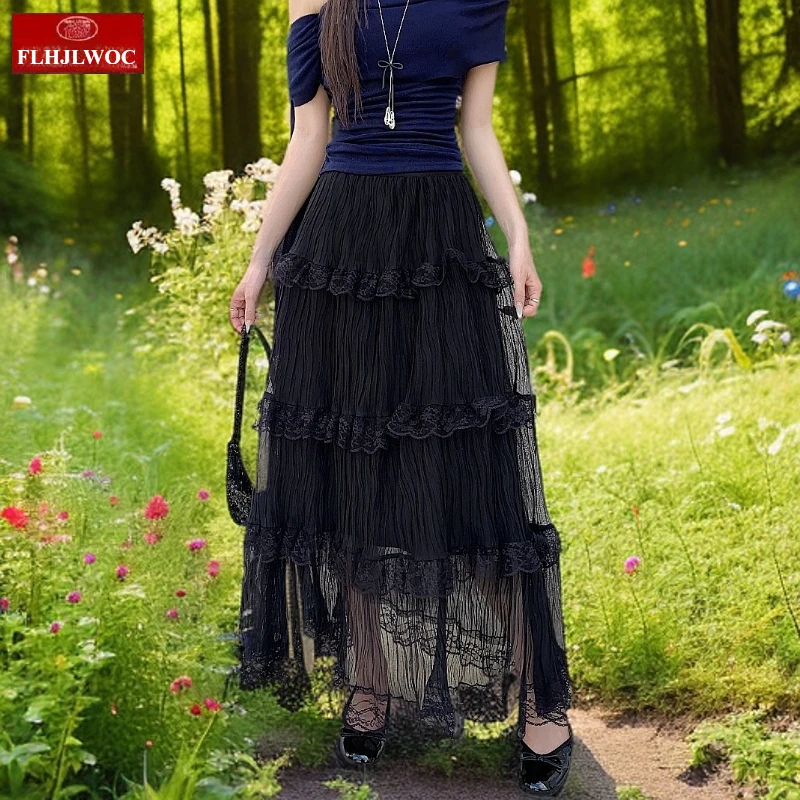 Romantic Lace Long Maxi Skirts Cute Sweet Japan Girls Women Preppy Style Ruffles Layer Retro Vintage Solid  Date White Skirt