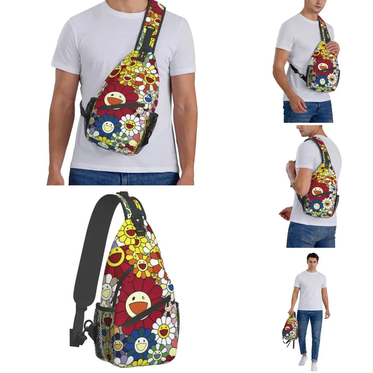 Happy Flowers Crossbody Sling Bags Pattern Chest Bag girasole art spalla zaino Daypack per viaggi escursionismo campeggio Satchel