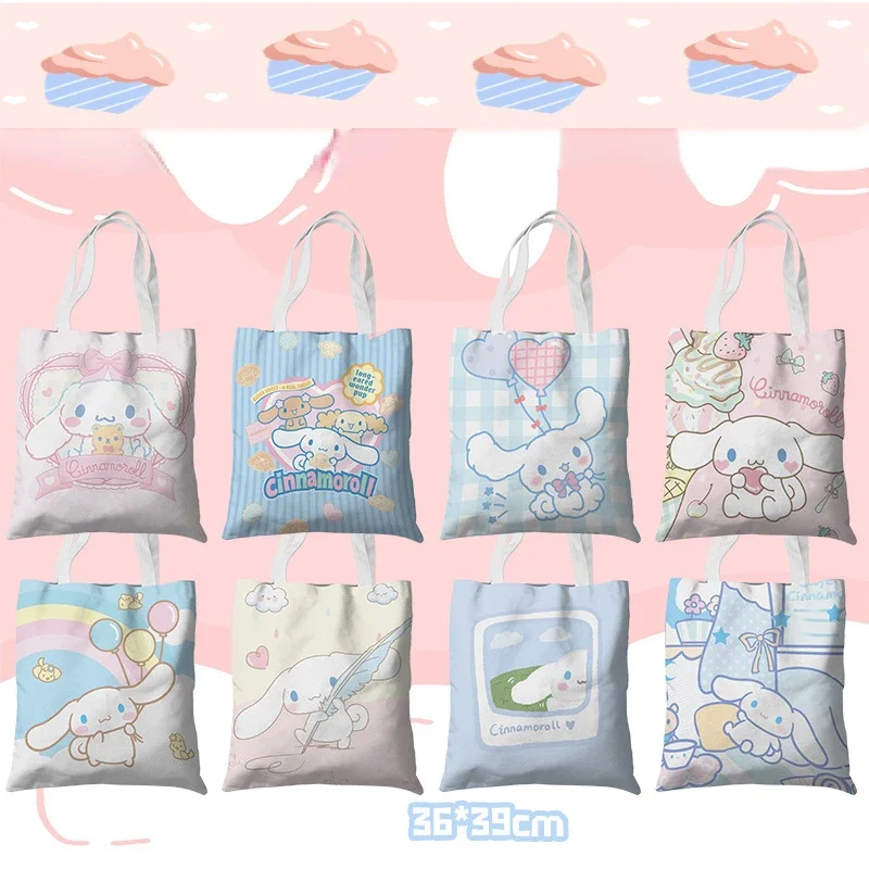 Sanrio Cartoon Canvas Bag 36x39cm Cinnamoroll My Melody Anime Peripheral Student Handbag Shopping File Bag