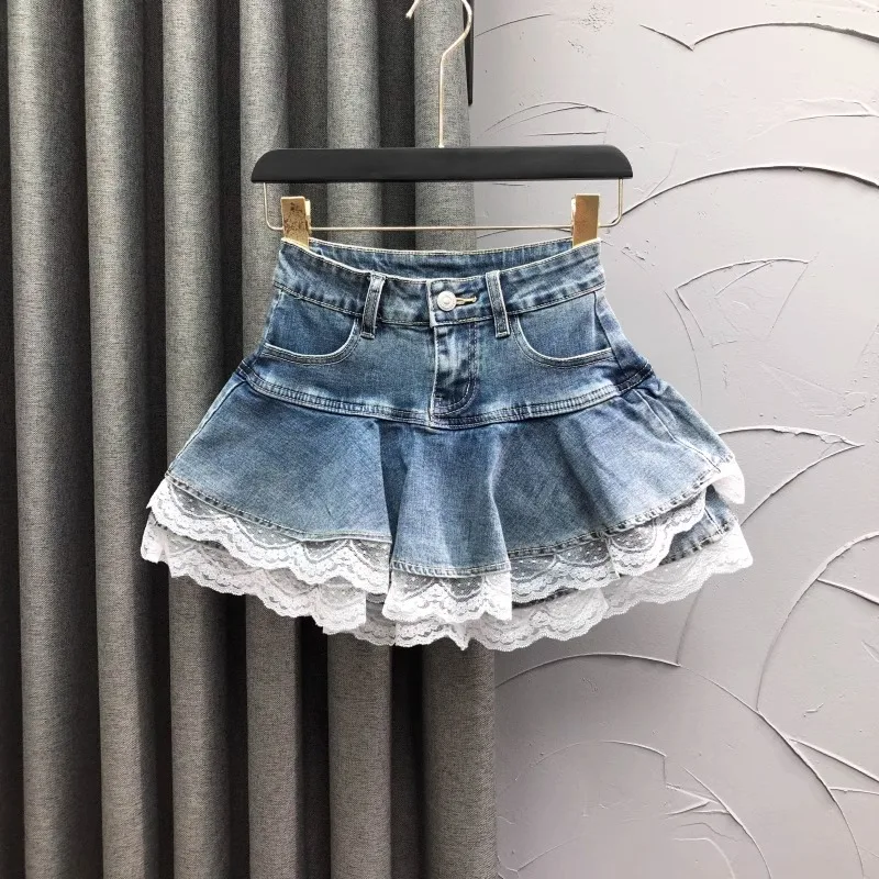 

Lace Spliced Denim Short Skirt Women Spring Summer Blue High Waisted A-line Ruffled Mini Skirt Cool Girls High Street Skirts
