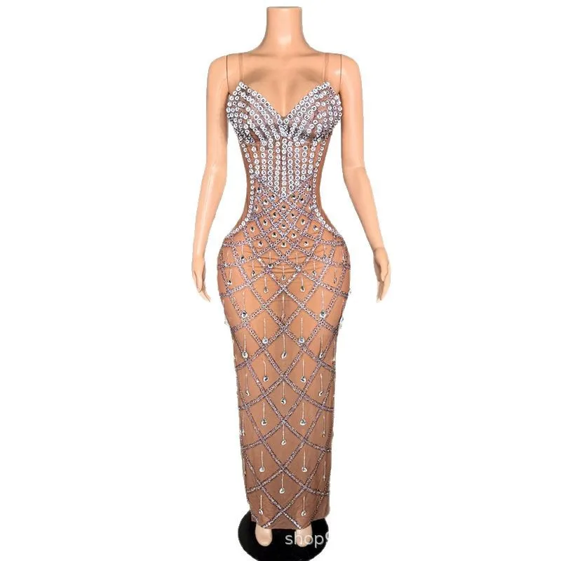 Temperament Naakt Luxe Strass Hoogtransparante Jurk Jaarvergadering Gastheer Jurk Volwassen Model Catwalk Trendy Kleding Vestidos