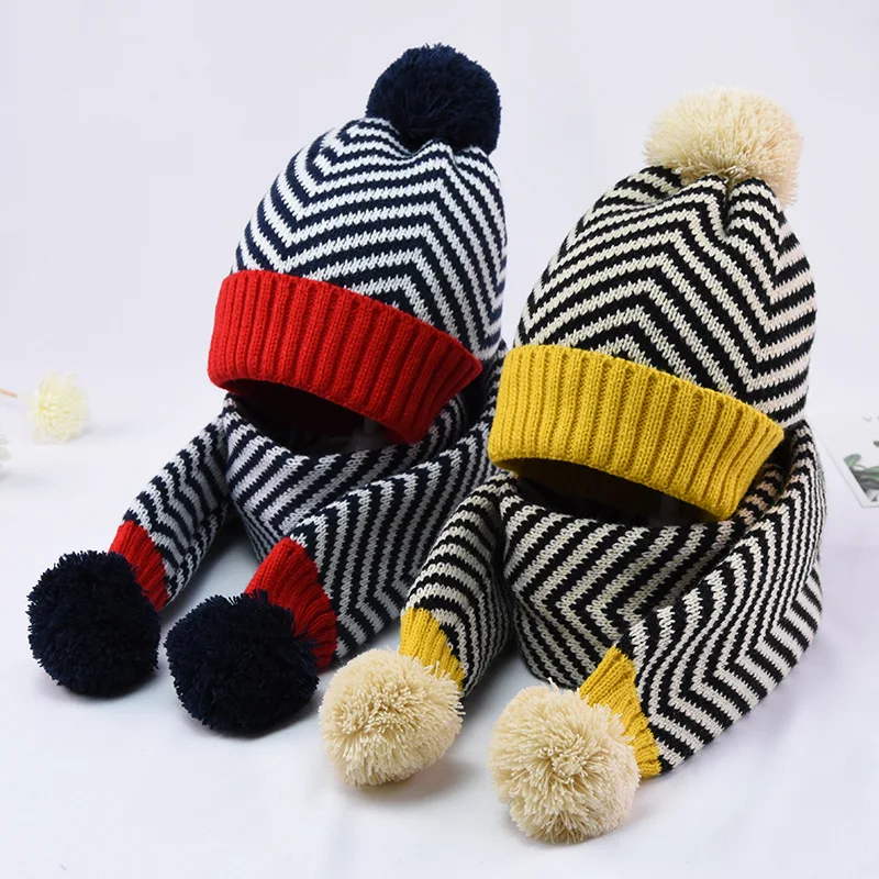 Doitbest 2 PCS Pompom Kids Hat Scarf Set Striped Knit Warm Infant Baby Hats For Boys Girls Bonnet Beanie Winter Children Cap