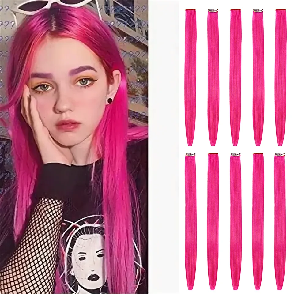 

22Inch 10Pcs Colored Highlight Synthetic Hair Extensions Pink Straight Hairpieces for Women Kids Girls Party Cosplay