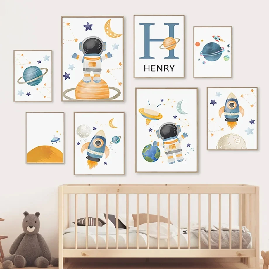 Rocket Astronauts Planet Outer Space Name Custom Wall Art Pictures Printed On Canvas Nordic Posters For Children's Room decora