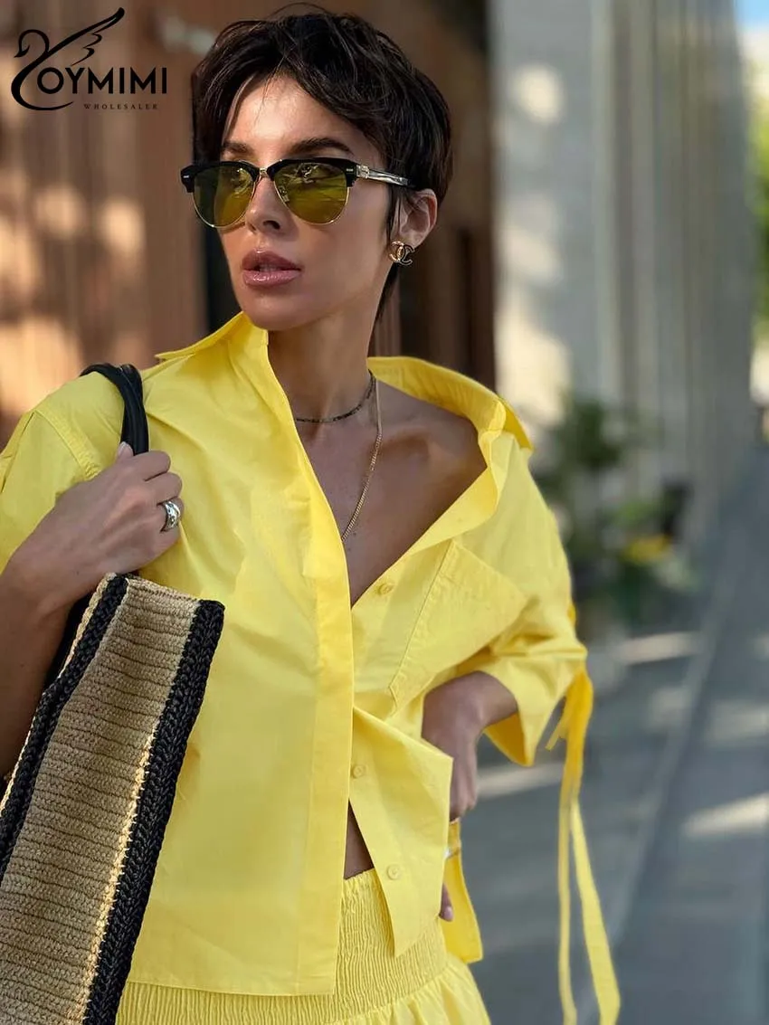 Oymimi set di cotone giallo Casual da donna 2 pezzi di moda camicie a mezza manica larghe e set di gonne a metà polpaccio pieghettate a vita alta